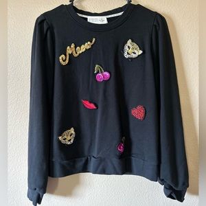 Broome Street Kate Spade Black Meow Cat Patch Sequined Sweatshirt Medium